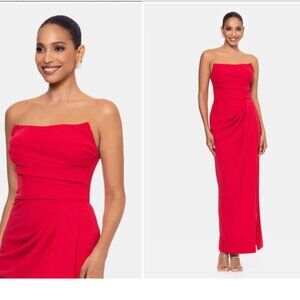 Betsy & Adam Strapless Scuba Crepe Dress ASYMMETRIC GOWN Red SLIT 10 gala pagean